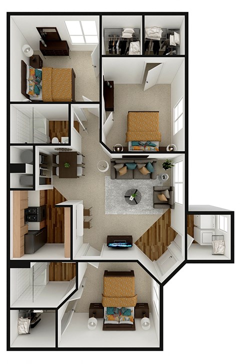 Floor plan for 3 beds, 2 baths, 1043 sqft
